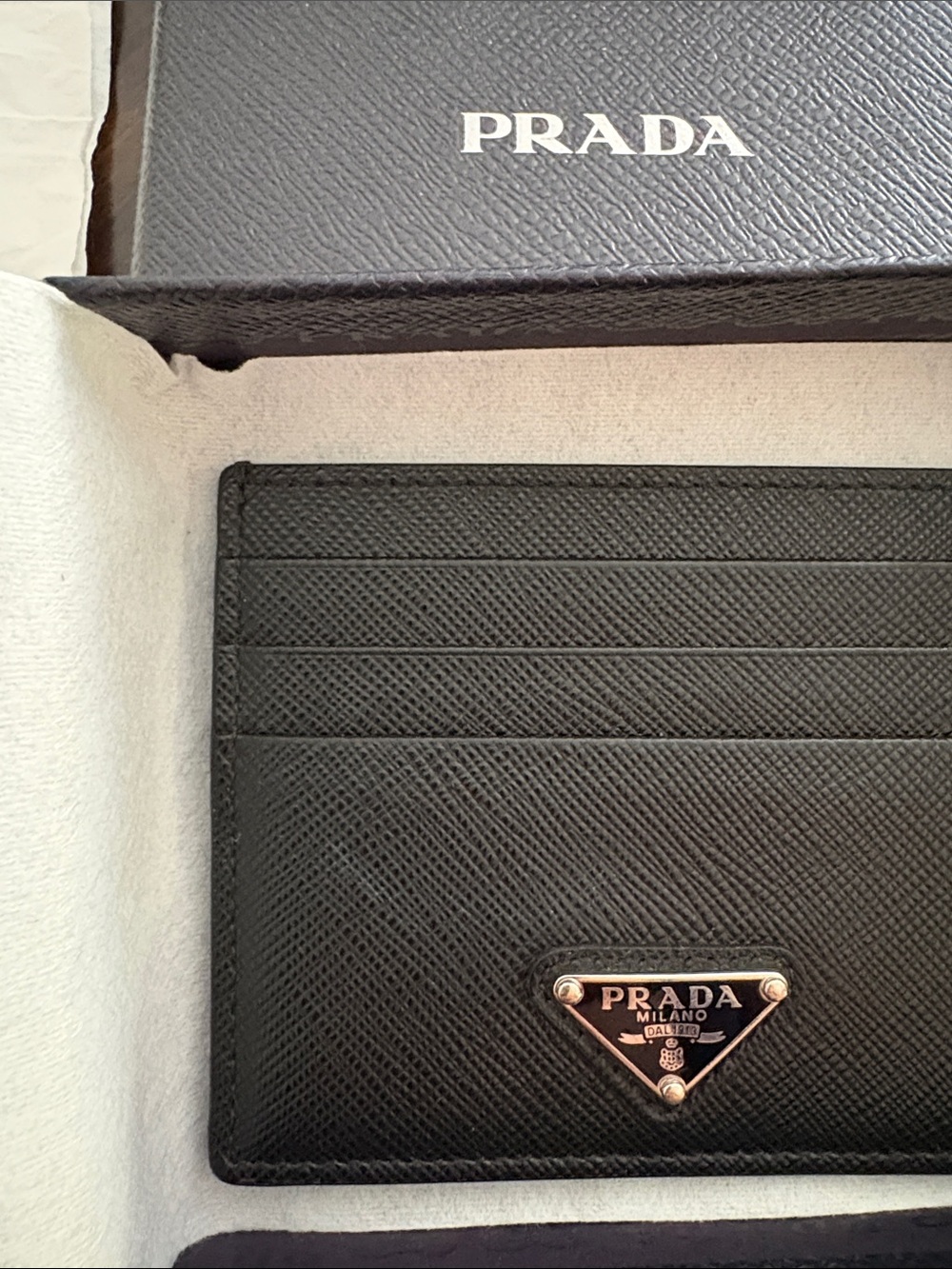 Prada Black Saffiano Leather Slim Card Case with Triangle Logo